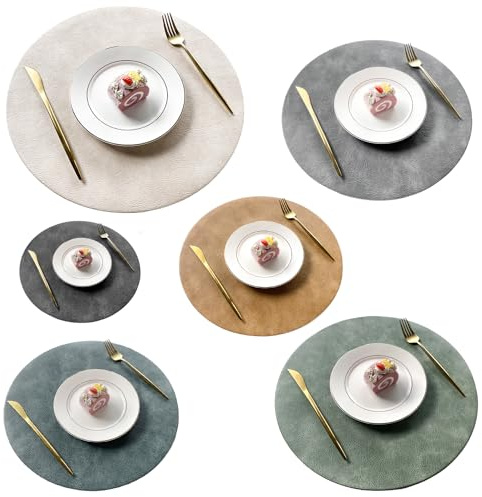 UnivoColors Placemats Round Faux Leather Placemats Set of 6-Waterproof-Wipe Clean-Heat Resistant-Anti Slip Dining Table Place Mats,15.(Dark Gray+Blue Grey+Grey+Camel+Beige+Green)