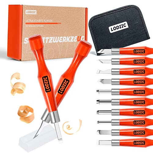 LODIIC Holzschnitzwerkzeug Set - 12 Hochwertige Schnitzmesser-Set aus SKS7 Kohlenstoffstahl mit ergonomischem Griff, inkl. Werkzeugtasche, Anleitung & Abziehstein