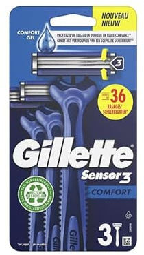Gillette Sensor3 Comfort, Afeitadoras Desechables para Hombre, Juego de 3 Afeitadoras Desechables