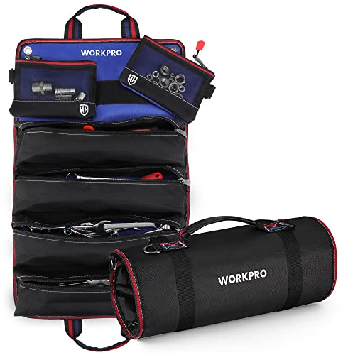 WORKPRO Tool Roll Bag | Multi-Purpose Tool Bag with 2 Detachable Pouches and 4 Zipper Tool Pouches | 720D Heavy Duty Tool Roll Organiser | Ideal for Storing Screwdrivers, Wrenches, Screws, nuts