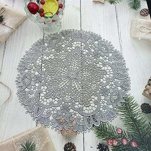 Wambere 1 Stück 26 cm Tischset aus Spitze,Spitzendeckchen Häkeldeckchen Tischdeck,Spitze Runde Stickerei Tisch Tischset,Handarbeit Geklöppelt Spitzendeckchen Placemat,für Küche, Esszimmer,Silber