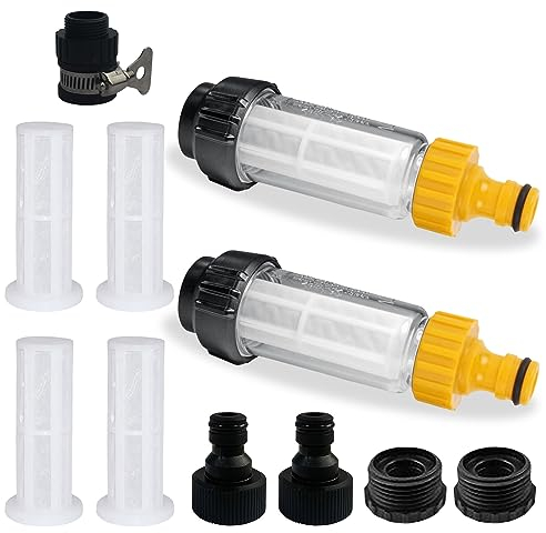 Wasserfilter Gartenschlauch Set: 2 Stück 3/4 Zoll Vorfilter Gartenpumpe mit 5 Schnelladapter + 4 Filtereinsatz, Wasser Vorfilter Wasserfilter für Hochdruckreiniger, Gartenpumpe, Wohnmobil