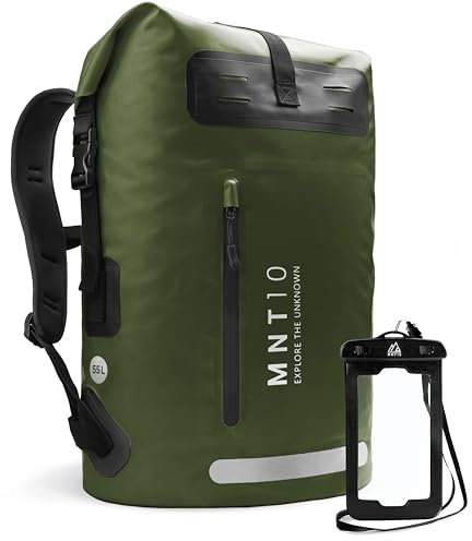 MNT10 Wasserdichter Rucksack mit vertikaler Vordertasche 35L & 55L | Rückseite mit EVA-Polsterung | Innenfach mit Reißverschlusstasche und Schlüsselhalter | inklusive Handyhülle (Dark Green, 55L)
