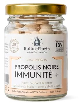 Ballot-Flurin - Comprimés Propolis Noire Immunité BIO (Venin d'abeille, pollen d'abeille bio) - Fabriqué en France - Pot en verre - Cure 30 jours