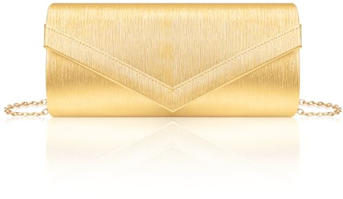 Larcenciel Bolso de Mano de Mujer Oro, Bolso Fiesta Mujer de Cuero PU a Rayas Verticales con Cadena Desmontable, Elegante y Chic Bolso de Mujer de Sobre para Fiesta, Boda, Cóctele, Cita, 22×10.5×5cm