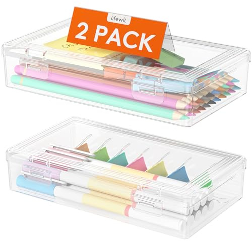 Lifewit plastpennlåda med tättslutande lock, hårt pennskrin med lock, snäpplås och rymlig kapacitet, stapelbar organisatör för konsthantverk, klassrum, kontor, 2-pack