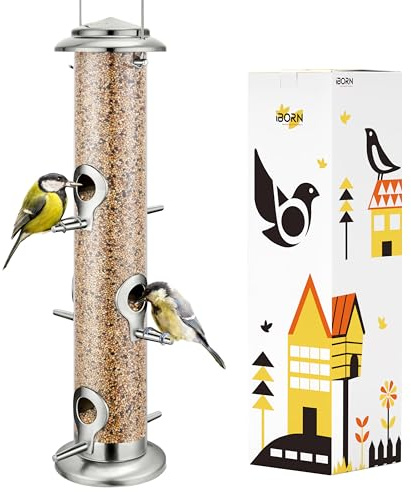 iBorn Fågelmatare i metall 6 portar hängande vild fågelfrömatare för blandade fröblandningar, frömatare, solroshjärta, fågelbad, slitstark nickelfinish i metall 35 cm 14 cm 6 portar
