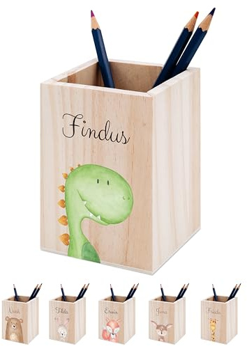 wunderwunsch® - Personalisierter Stiftehalter Kinder aus Holz - Kreativer und praktischer Schreibtisch-Organizer Kinder mit Namen - Perfektes Einschulung Geschenk und Geburtstag (Dino)
