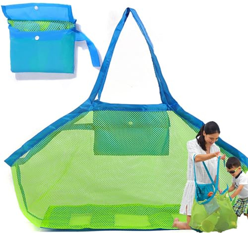 Large Mesh Beach Bag Toy Storage, Foldable Organizer Beach Accessories | Lightweight portable tote for kids beach toys, shells, clothes. Beach essentials organizer. Perfect for family vacation