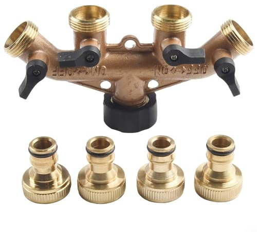 Zoegneer 3/4 Zoll Vierwege Schalter Garten Messing Kugelhahn mit Messingdüse und Schlauchstutzen Adapter für Gartenbewässerung