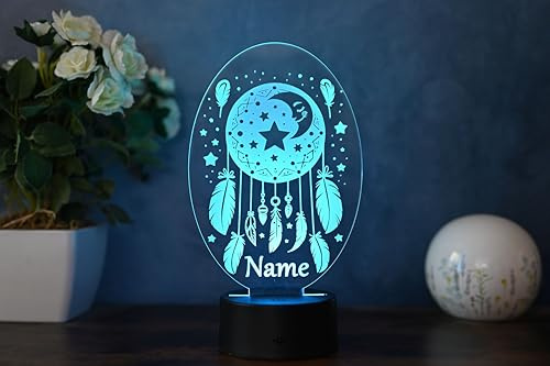 Optechvisual Personalisierter Traumfänger LED Mond - Nachtlicht mit Name, Dimmbare Nachtischlampe, Traumfänger Deko für Schlafzimmer