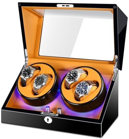 PAHION Uhrenbeweger Für Automatikuhren 4 Uhren Watch Winder Box Für Alle Automatikuhren Mechanischen Uhren Leisem Motor LED Beleuchtung Klavierlack Batteriebetrieb Oder Netzteil(A)