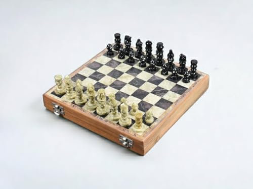 Unique Handmade Workmanship Pieces and Marble Design Chess Set ~ Classic Collection Folding Crafted Chess Game Board with Chess Pieces Chess Coins Pawns Chessmen (10 x 10inch OR 25 x 25 Centimeter)