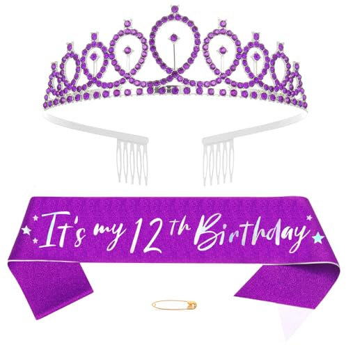 12th Anniversaire Couronne et Écharpe Fille 12e Anniversaire Décoration Strass Anniversaire Tiare Princesse Couronne Cristal Queen Tiara Anniversaire Écharpe Filles 12 ans Décoration Fête Vêtements