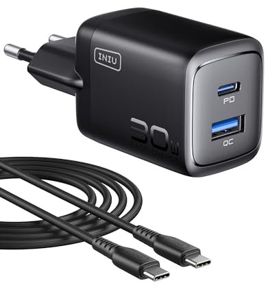 INIU 30W USB C Ladegerät, 2-Port [USBC + USBA] Schnellladegerät mit USBC Kabel, GaN PD Mehrfach Netzteil, USBC Adapter für iPhone 17 16 Pro Max iPad Air, Samsung S25 S24 Ultra, Google Pixel 10, Xiaomi