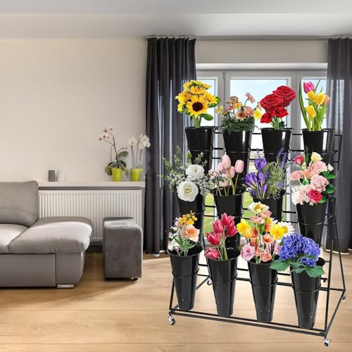 Présentoir de fleurs avec seaux, support de plantes en métal avec roues, étagère de bouquet de fleuristes pour magasin de fleurs fraîches, patio, balcon, extérieur, événements pop-up de fleurs (3