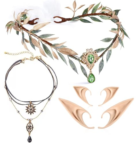 MOSTORY Renaissance Zubehörset für Frauen - 4 Teile Woodland Fairy Krone, gestaffelte Halskette, Sternanhänger Choker mit Elfenohren Set für Renfaire Kostüm Halloween Feen Outfit Fantasy Cosplay