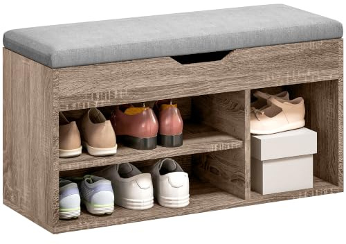 HOMCOM Shoes Cabinet Bench Hidden Storage Shoe Rack Grey Wood Grain | Padded Seat, Organiser, Hallway