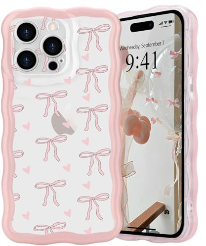 L-FADNUT Bow Case for iPhone 14 Pro, Curly Wavy Frame Cute Girly Bow Ribbon Pretty Phone Case, Soft Wave Clear Slim Silicone Shockproof Anti-scratch Cover for Women Girl, Small Heart
