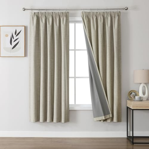 Joydeco 100% Blackout Curtains Bedroom 55 x 69 Inch Drop, Faux Linen Pencil Pleat Thermal Insulated Drapes with Coating Back Layers for Room Darkening Privacy Protection, 2 Panels, Linen Colour