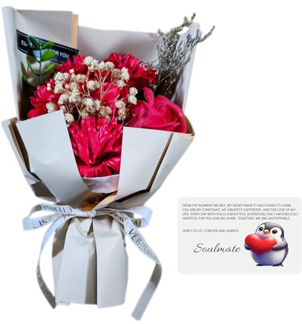 Rose Seife Blumenstrauß mit To My Soulmate Premium Aluminium-Karte, einwandfreies Geschenk zum Valentinstag, Jahrestag oder Geburtstag für Freundin, Ehefrau, Ehemann, Freund Ideales romantisches