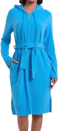 Mnamo Damen Kapuze Bademantel Reißverschluss Frottee Langarm Bademantel | Kurz und Leicht.Taschen und Bindegürtel – geprüft auf Schadstoffe, ideal für Sauna und Zuhause