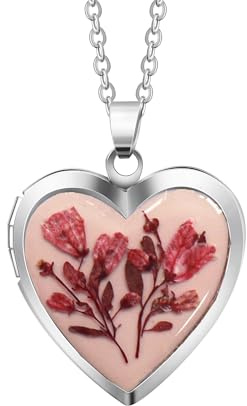 Handmade Dried Pressed Flower Heart Shaped Photo Locket Pendant Necklace (Fushia Flower on Pink, Silver)