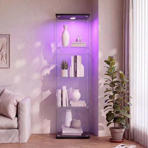 KSFASHZ Vetrina in Vetro a 4 ripiani, 1 Porta, Vetrine di Vetro con LED e Serratura,Vetrinetta Espositiva a Colonna Vetrina Soggiorno con LED Vetrinetta in vetro per Soggiorno 164×42.5×36.5cm