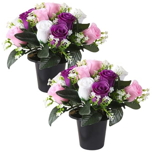 Lotvic Artificial Flowers for Graves, 25cm Pots with 12 Head Roses, Funeral Decorations, Cemetery & Memorial (Purple)