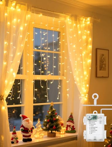 Aigostar Lichtvorhang 3x5m, 100 LEDs Batteriebetrieben, 8 Modi Beleuchtung IP44 Spritzwassergeschützt für Weihnachtsdeko, Innen & Außen, Schlafzimmer, Feste (Warmweiß)