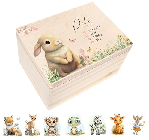 Creative Deco Erinnerungsbox Baby Personalisiert mit Namen - Waldtiere | 40 x 30 x 24 cm | Individuelle Erinnerungskiste Geschenk zur Geburt für Mädchen und Jungen | Holzkiste mit Deckel | Farbdruck