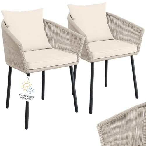 STEELSØN Nair Gartenstühle 2er Set – Terrassenstühle aus Rattan beige – Outdoor Schalenstuhl für Terrasse/Garten/Balkon – Loungesessel wetterfest Metallgestell – Balkonstuhl mit Kissen bis 160 kg