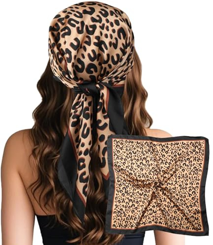 Sumolux Kopftuch für Damen, Satin, Seide, Schal, Bandana, Haarwickel, Nacht, groß, quadratisch, 69,8 cm, braunes leopardenmuster, Einheitsgröße