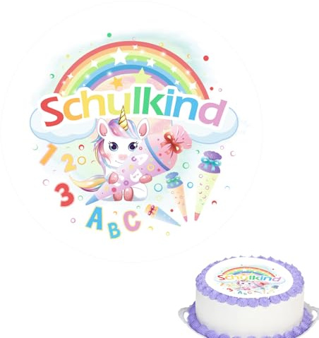 Gleevio Einhorn Schulkind Tortendeko Einschulung Essbar,Tortenaufleger Einschulung Kuchendeko Schulanfang,Ø 20cm Cake Topper Schulkind 2026 Mädchen Junge,Schulanfang Tortenaufleger für Schuleinführung
