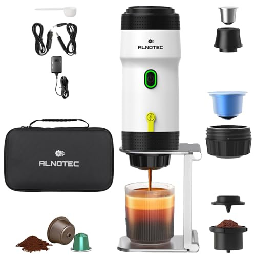 Alnotec blanco - Cafetera expreso portátil 20 bares recargable, cafetera automática y compatible con cápsulas NES, DG & Café molido, cargador USB, 220 V y funda de coche + soporte de goteo.