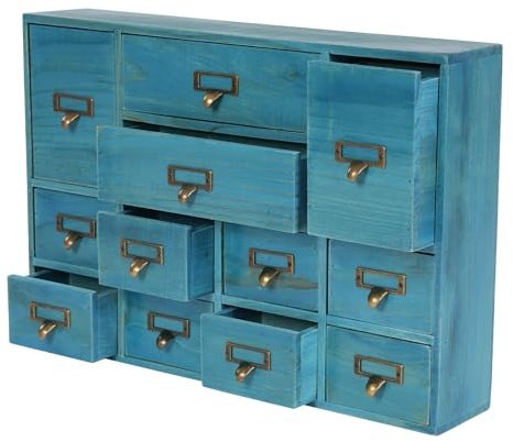 MhdunueSK Vintage Desktop Apothecary Cabinet with 12 Drawers,Wood Desktop Organizers Stackable Drawers Desktop Chest Drawer for Herb Storage,Tea Collection,Stationery (12 Drawers,Blue)