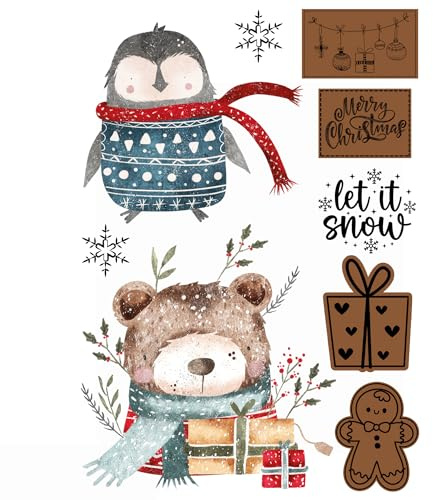Bügelbild Set Winter für Textilien Kinder,Aufbügler mit Pinguin,Bär,Merry Christmas,Weihnachten,let it snow,Adventskalender,Geburtstag,T-Shirt,Beutel,DIY,Geschenk,Rucksack,erstes Weihnachten,XMas