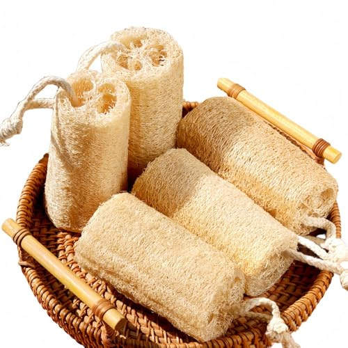 Vyloky Natürlicher Luffa-Schwamm 3/5er Set - Spülschwämme & Peelinghandschwamm für Küche und Dusche, mit Aufhängebändel (5 Stück)