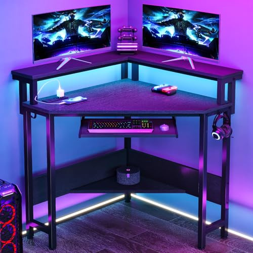 DUMOS Conner Desk Home Office Computer Desk for Small Space with LED Lights Gaming Table with Storage Shelves Power Outlets Monitor Stand Keyboard Tray for Bedroom, Black