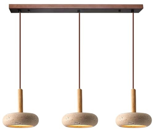 TMKOO Wabi Sabi Taklampa Gul Travertin Med Rond Natursten Skärm Nordiskt Trä LED Taklampa Justerbar Slinga För Sängrum Nattlampa Vardagsrum Kökis(Long)