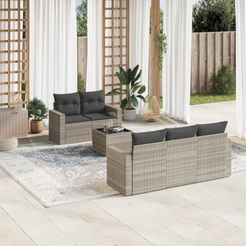 Frdhee Sonnenliege Gartenlounge Set,6-TLG. Garten-Sofagarnitur mit Kissen Hellgrau Poly Rattan,Eckbankgruppe für Terrasse und Balkon