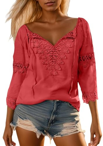 Blusa de Lino con Hombros Descubiertos y Ribete de Encaje para Mujer, Elegante y cómoda.