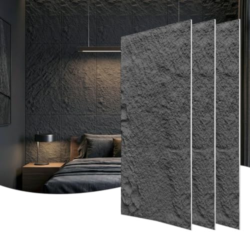 XMTECH 3D Wandpaneele PU Steinoptik 120x60cm Modell A Anthrazit 3 Stück Set | Leichte Montage, modernes Raumdesign, stoßfeste Oberfläche, geeignet für Wohnzimmer Küche Bad und viele Innenbereiche