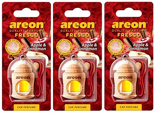 AREON Fresco Auto Duft Apfel Zimt Glas Duftflakon Flakon Holz Hängend Anhänger Spiegel Rot 4ml (Pack x 3)