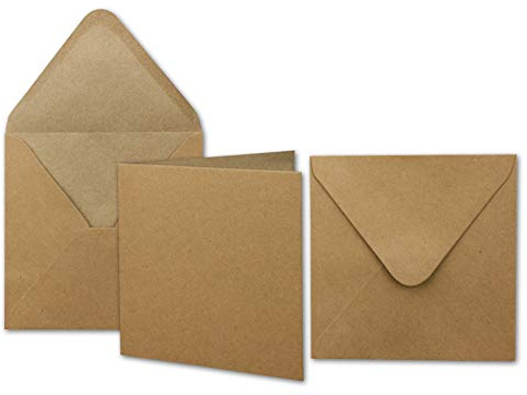 25x Kraftpapier-Karten Set quadratisch 13,5 x 13,5 cm mit Brief-Umschlägen - Recycling Vintage Karten-Set - für Einladungen