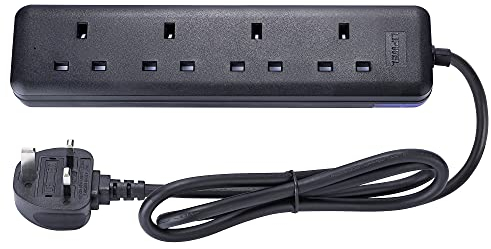 LIPWEL Extension Lead Plug Extension Cord Black Power Strip 4 Way Socket Multi Plug 1m 2m Extension Electric Cable Multi Socket Plug Adapter PC Accessories with Indicator for Multiple Devices