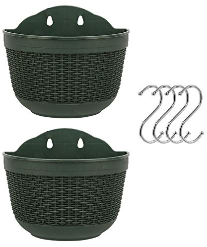 Set von 2 Stück Hängepflanzgefäßen Outdoor Hängekorb Kunststoff Blumentopf Pflanzen Halter Aufhänger für Balkon Zaun Wand montiert Pflanzgefäße Hängende Zaun Pflanzgefäße mit Drainage und 4 Haken