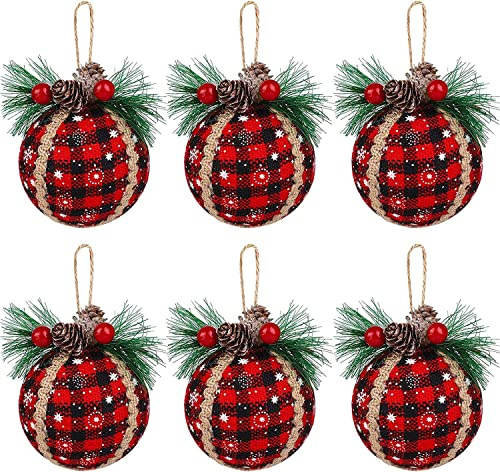 Iceyyyy 6PCS Christmas Plaid Ball Ornaments - 2 Inch Black & Red Buffalo Plaid Fabric Ball Ornaments with Pine Cones and Greenery, Plaid Christmas Tree Hanging Ball Ornaments Festive Decoration