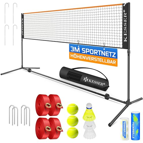 KESSER® Badmintonnetz Tennisnetz | Federballnetz 3-Fach-Höhenverstellbar 107/120/155cm, stabiles Gestell, Set mit Netz, 3X Federball & 3X Tennisball, Montagezubehör, Transporttasche, Indoor & Outdoor