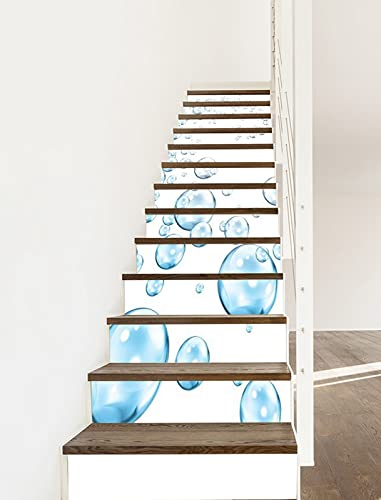 A.Monamour 13 Pezzi Adesivi per Scale Alzate Gradini Autoadesiva 3D Bolle D'Acqua Blu Sfondo Bianco Arte Astratta Vinile PVC Adesivo Pellicola Scala Scalini Poster Stickers Decalcomania Muro Murale